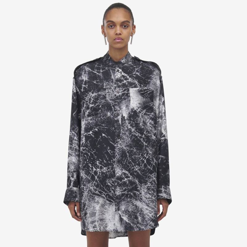 Alexander McQueen Women's Black Smashed Screen Shirt Dress - 14 (Silk)